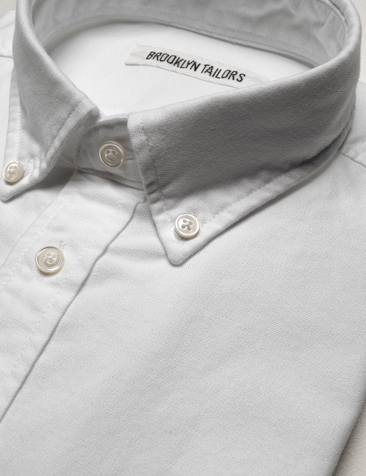 Detail of button down collar of Brooklyn Tailors BKT10 Slim Casual Shirt in Classic Oxford - White