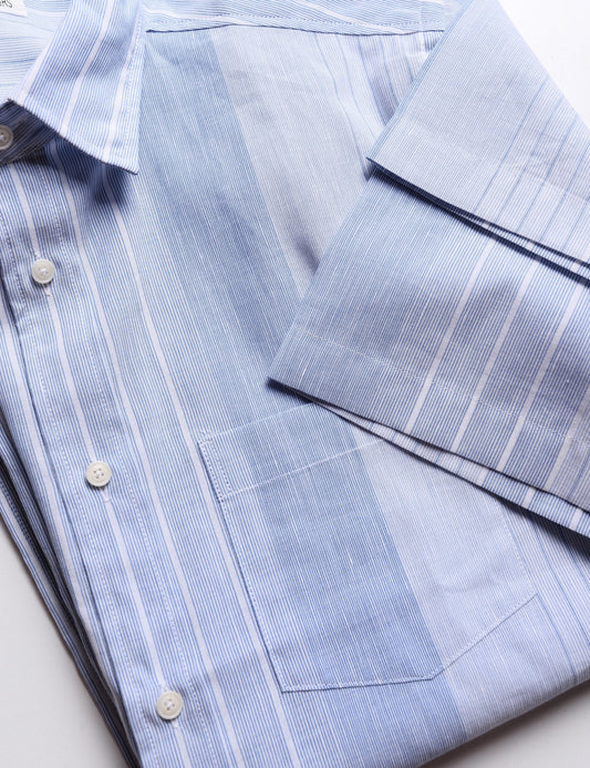 Detail of sleeve, collar, and buttons of Brooklyn Tailors BKT14 Casual Shirt in Beach Stripe - Big Sky