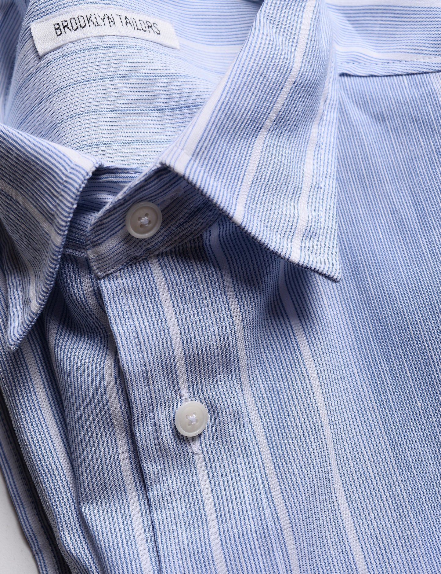 Detail of collar and buttons on Brooklyn Tailors BKT14 Casual Shirt in Beach Stripe - Big Sky