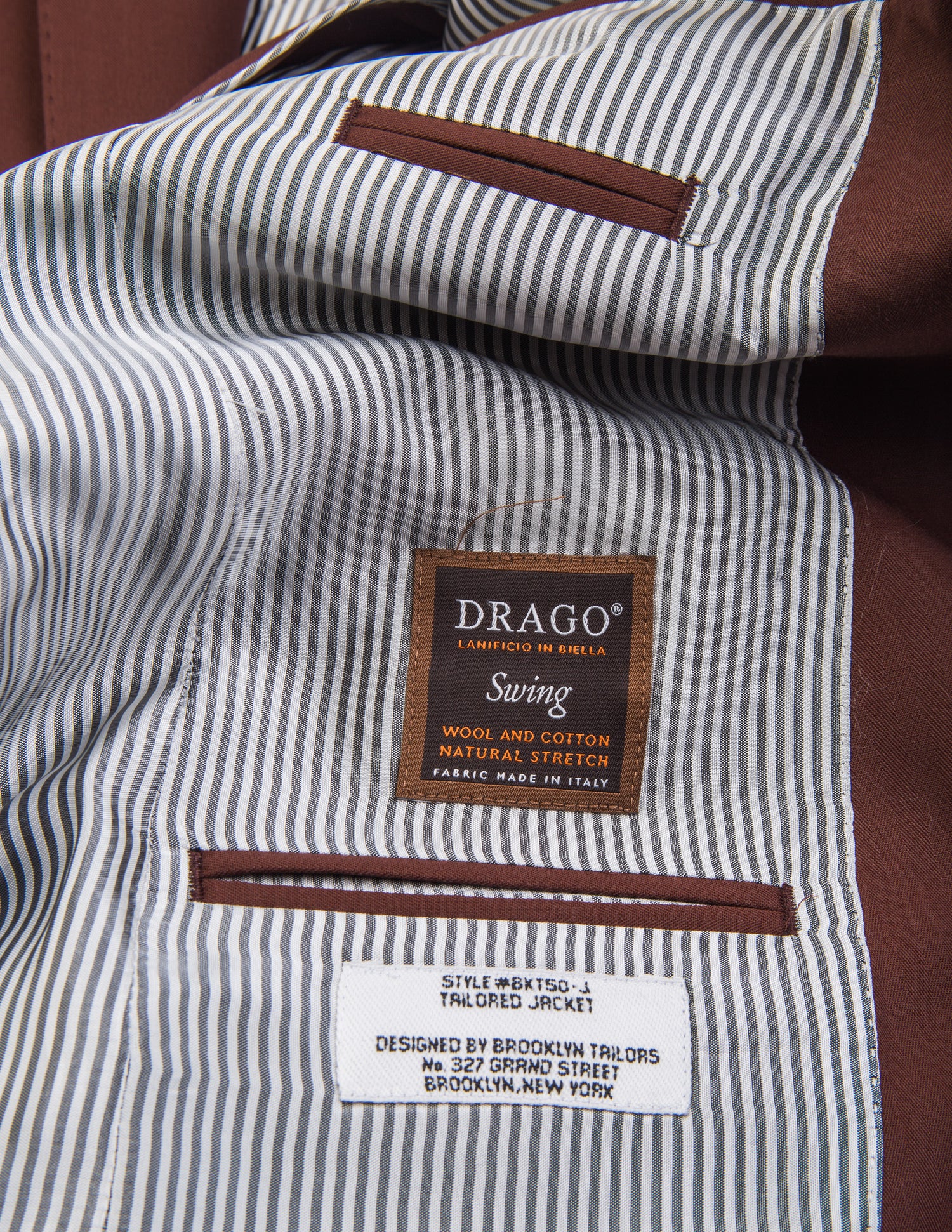 Detail shot of Brooklyn Tailors BKT50 Tailored Jacket in Herringbone Wool/Cotton - Brick showing lining and Drago label