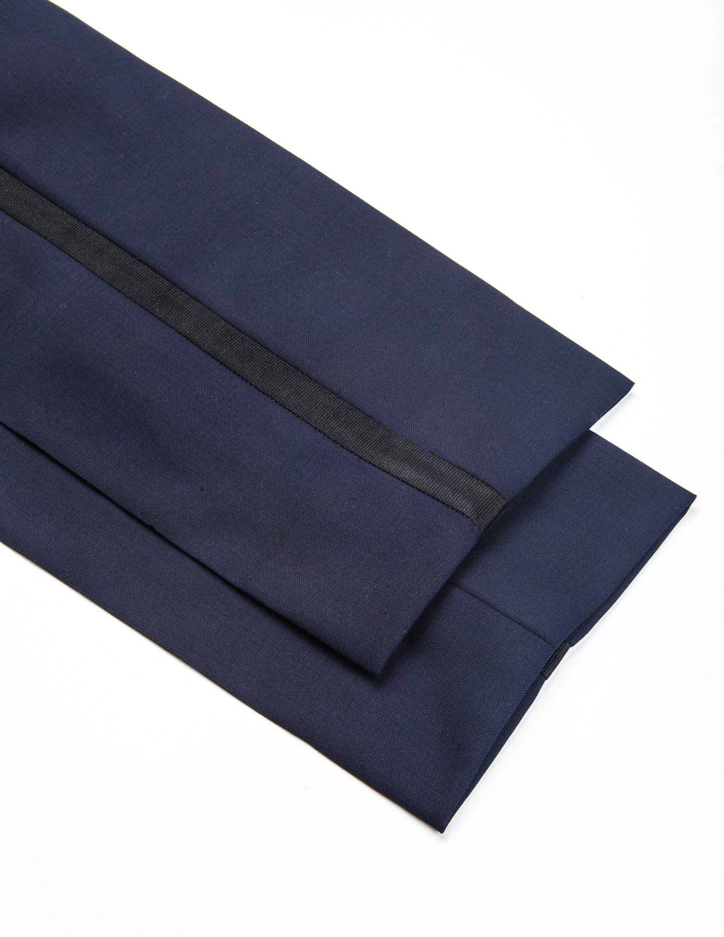 Detail of BKT50 Tuxedo Trouser in Super 110s - Navy with Grosgrain Stripe showing hem and grosgrain stripe