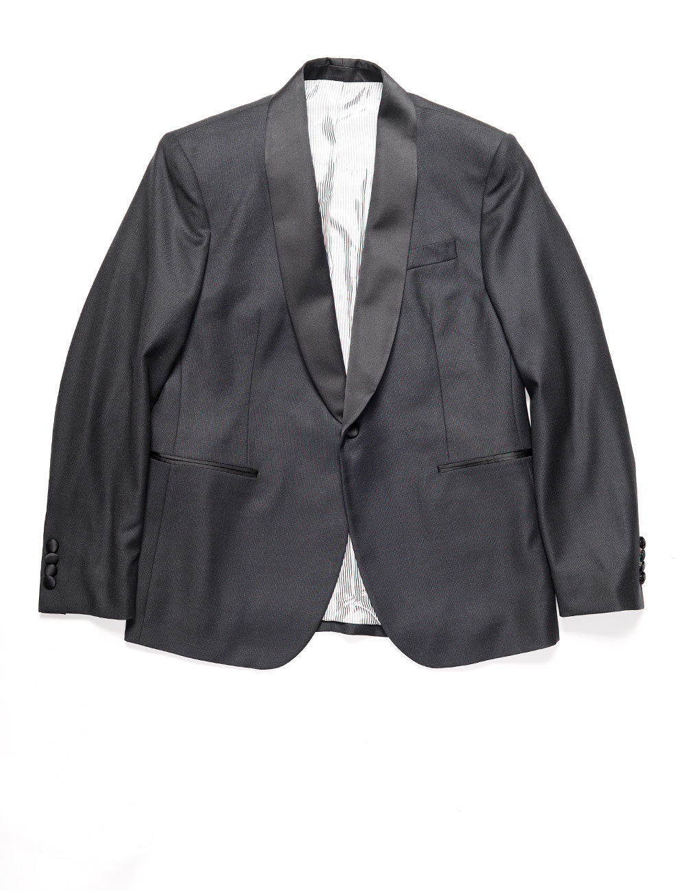 Full length flat shot of Brooklyn Tailors BKT50 Shawl Collar Tuxedo Jacket in Tonal Birdseye - Black with Satin Lapel