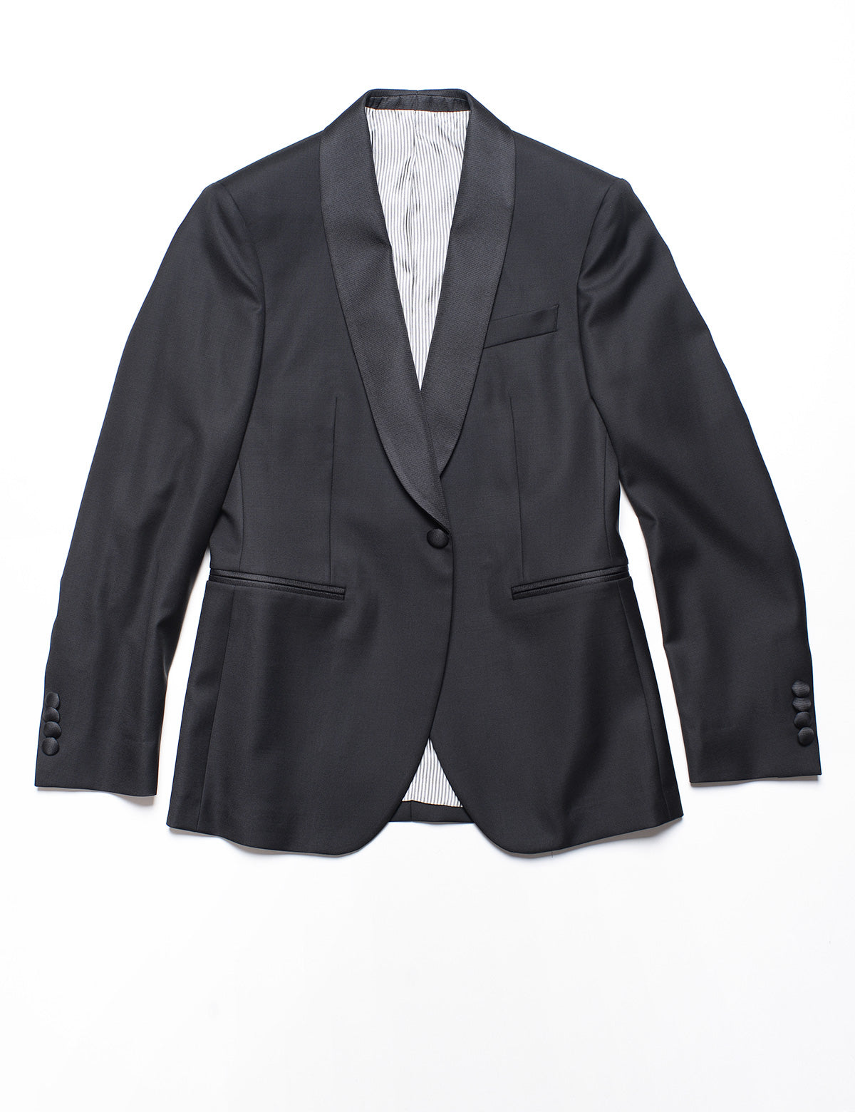 Brooklyn Tailors BKT50 Shawl Collar Tuxedo Jacket in Super 120s Twill - Black with Grosgrain Lapel full length flat shot