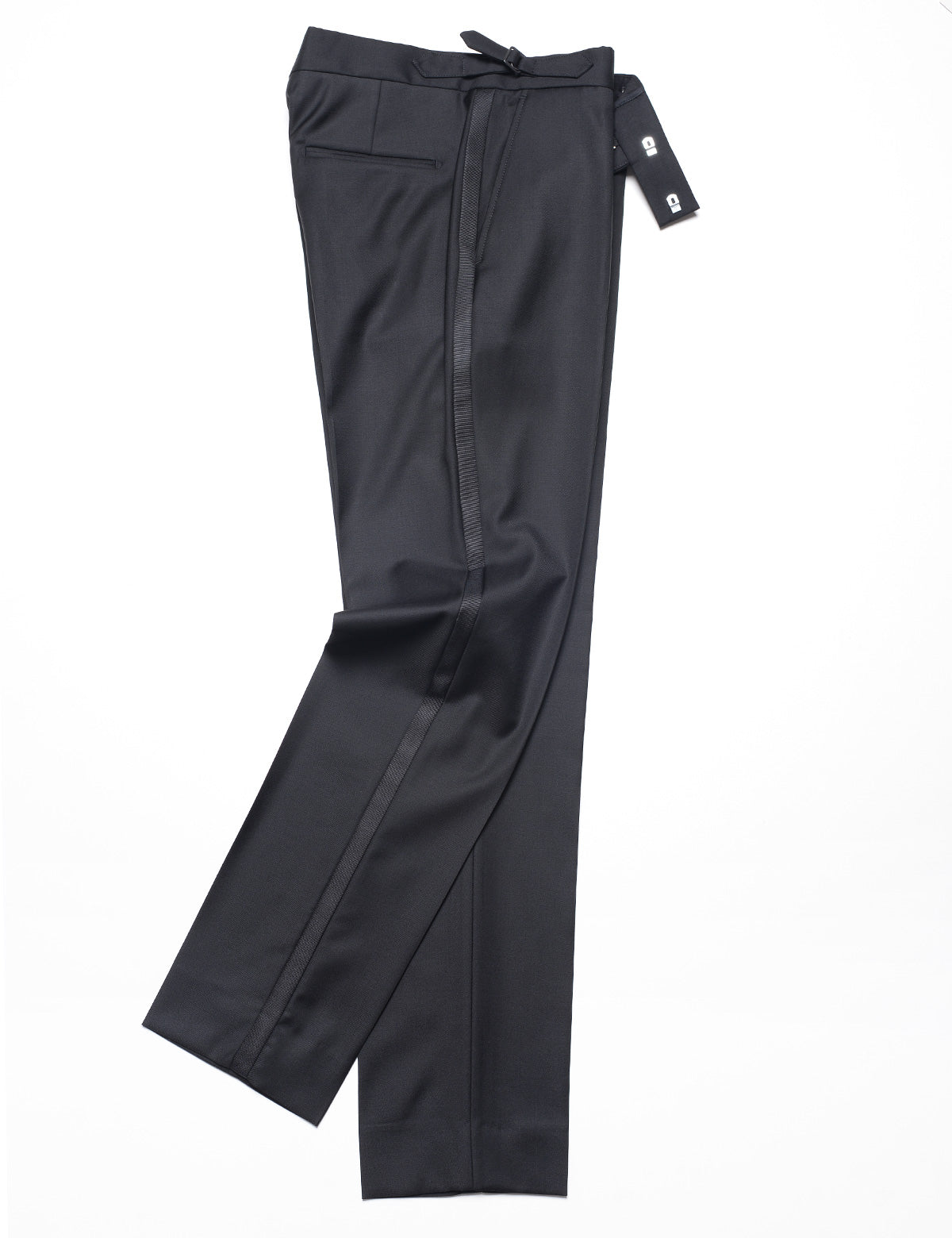 Brooklyn Tailors BKT50 Tuxedo Trouser in Super 120s Twill - Black with Grosgrain Stripe full length flat shot