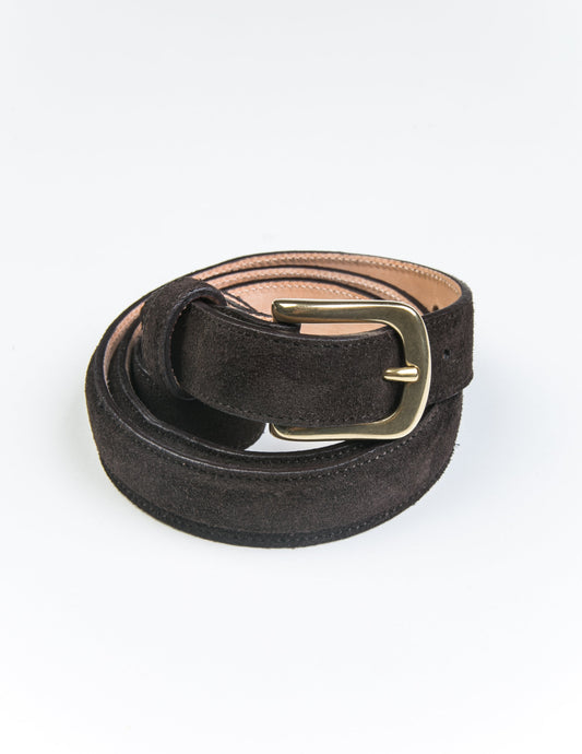 Photo of Brooklyn Tailors x Saddler's 25mm Belt in Suede Leather - Deep Brown coiled up. 