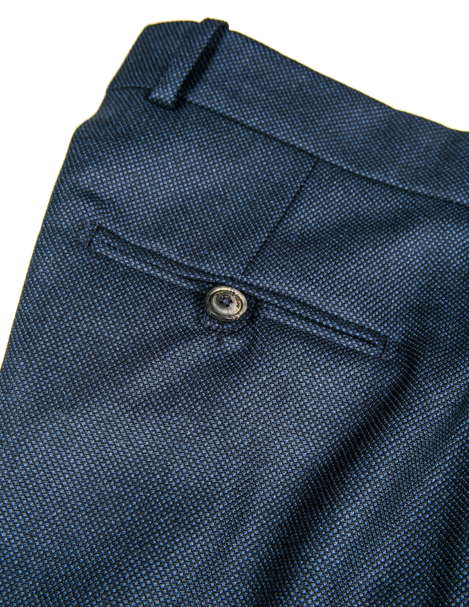Detail of BKT50 Tailored Trouser in Birdseye Weave - Navy showing back pocket and fabric pattern