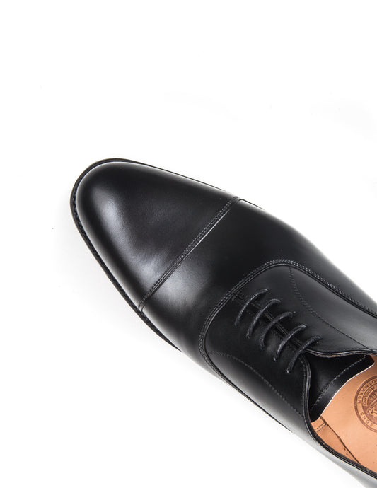 Toe box detail of Joseph Cheaney Lime Oxford Shoes in Black Calf Leather