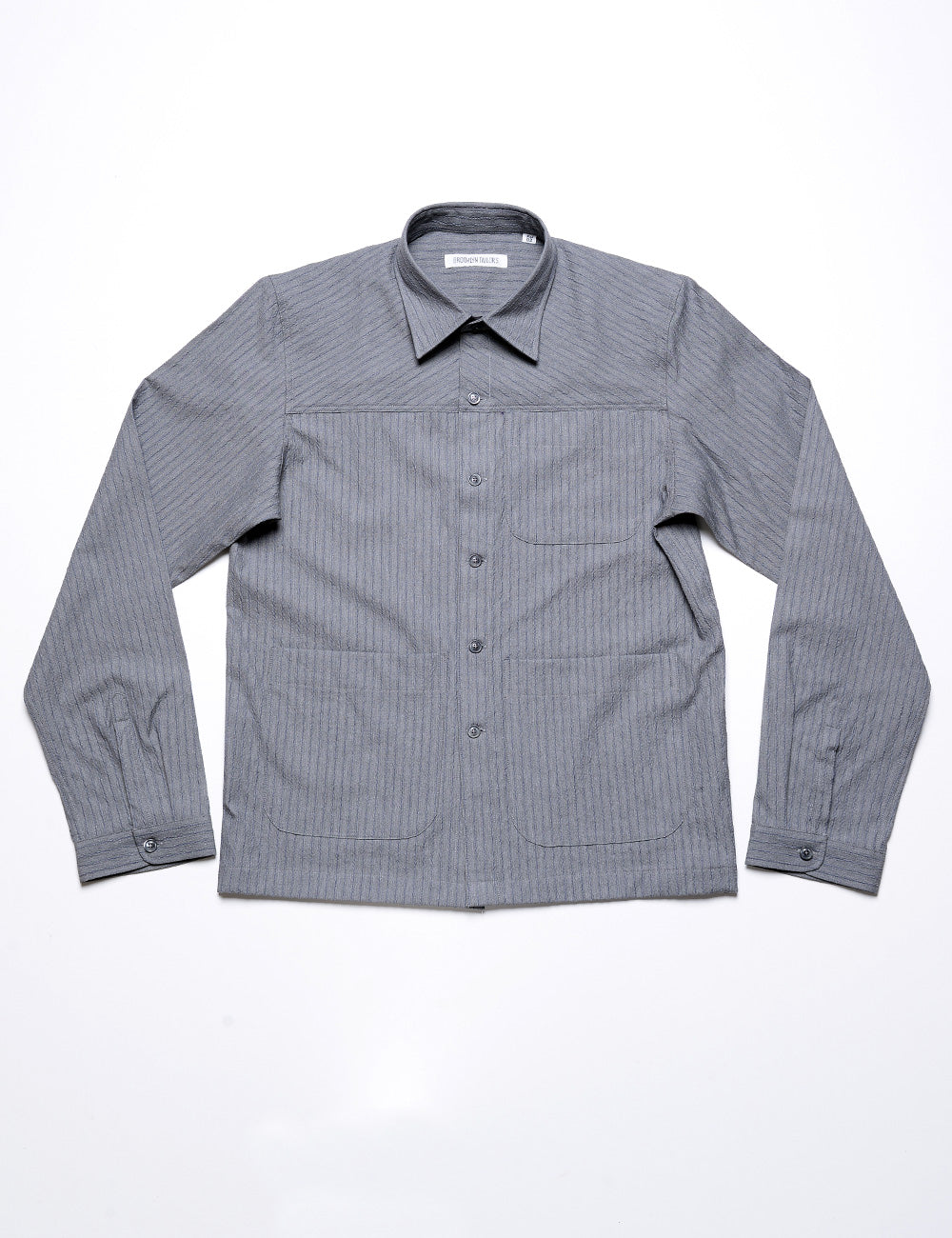 Full length flat shot of Brooklyn Tailors BKT15 Shirt Jacket in Cotton Seersucker - Thunder Stripe