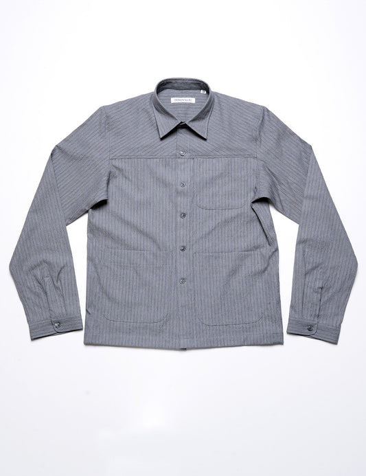 Full length flat shot of Brooklyn Tailors BKT15 Shirt Jacket in Cotton Seersucker - Thunder Stripe