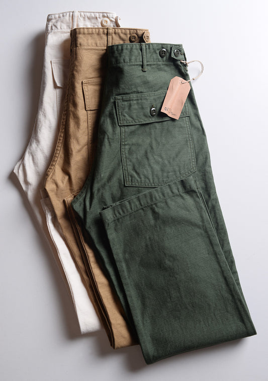 Folded detail of Orslow US Army Fatigue Trousers - Khaki showing US Army Fatigue Trousers - Khaki