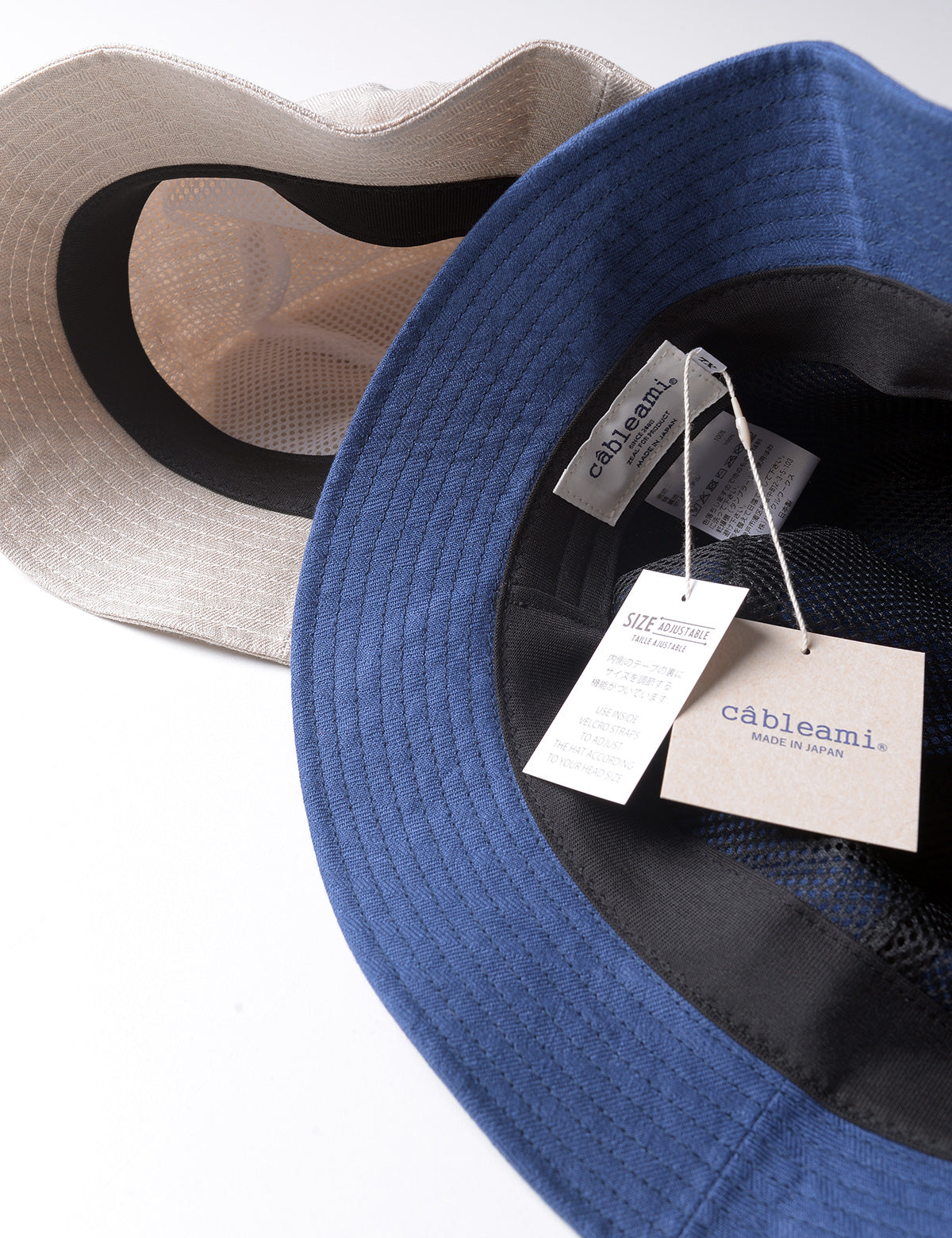 Interior detail of two Cableami French Linen Bucket Hats