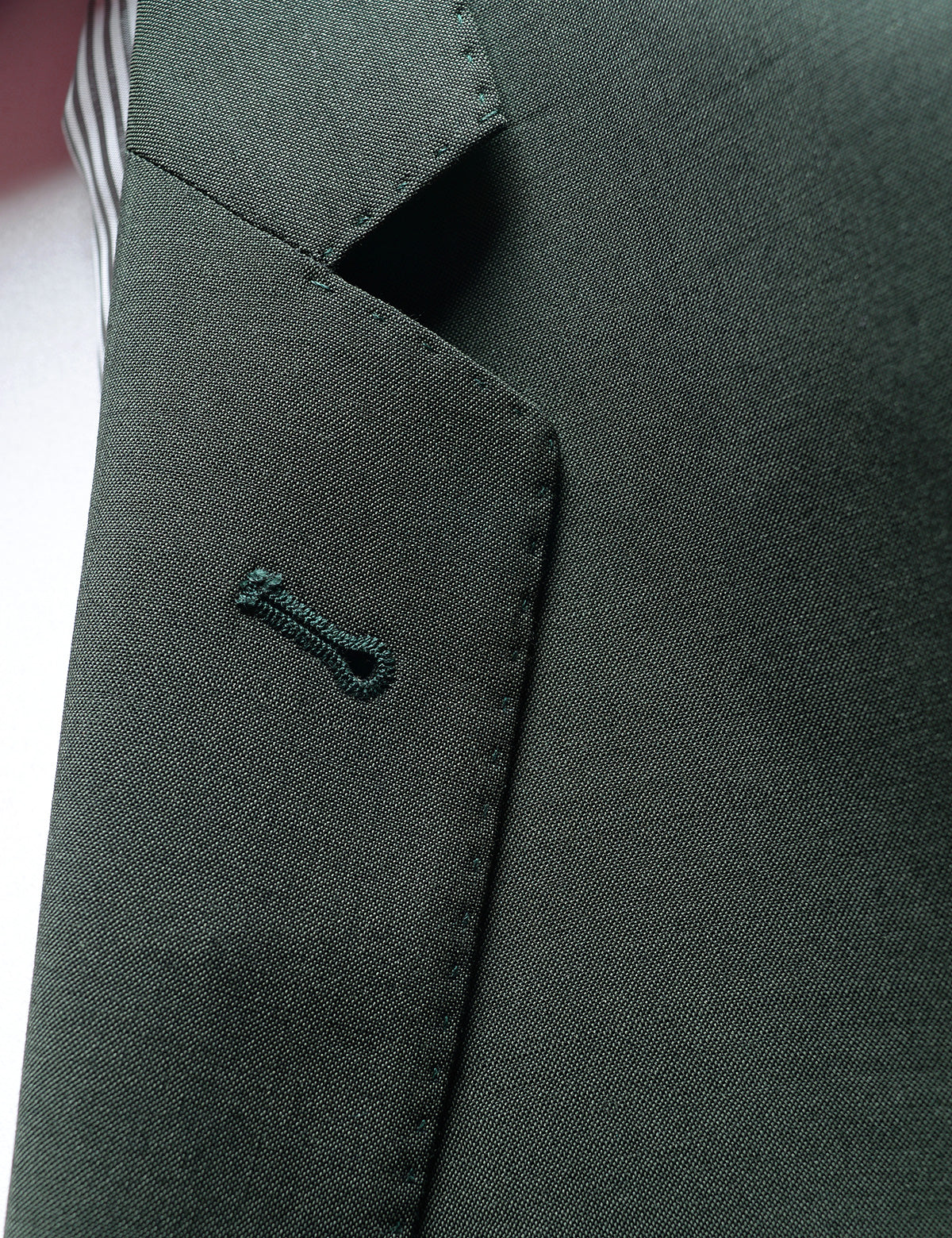 Detail shot of Brooklyn Tailors BKT50 Tailored Blazer in Wool & Mohair - Timber Green showing lapel and fabric texture