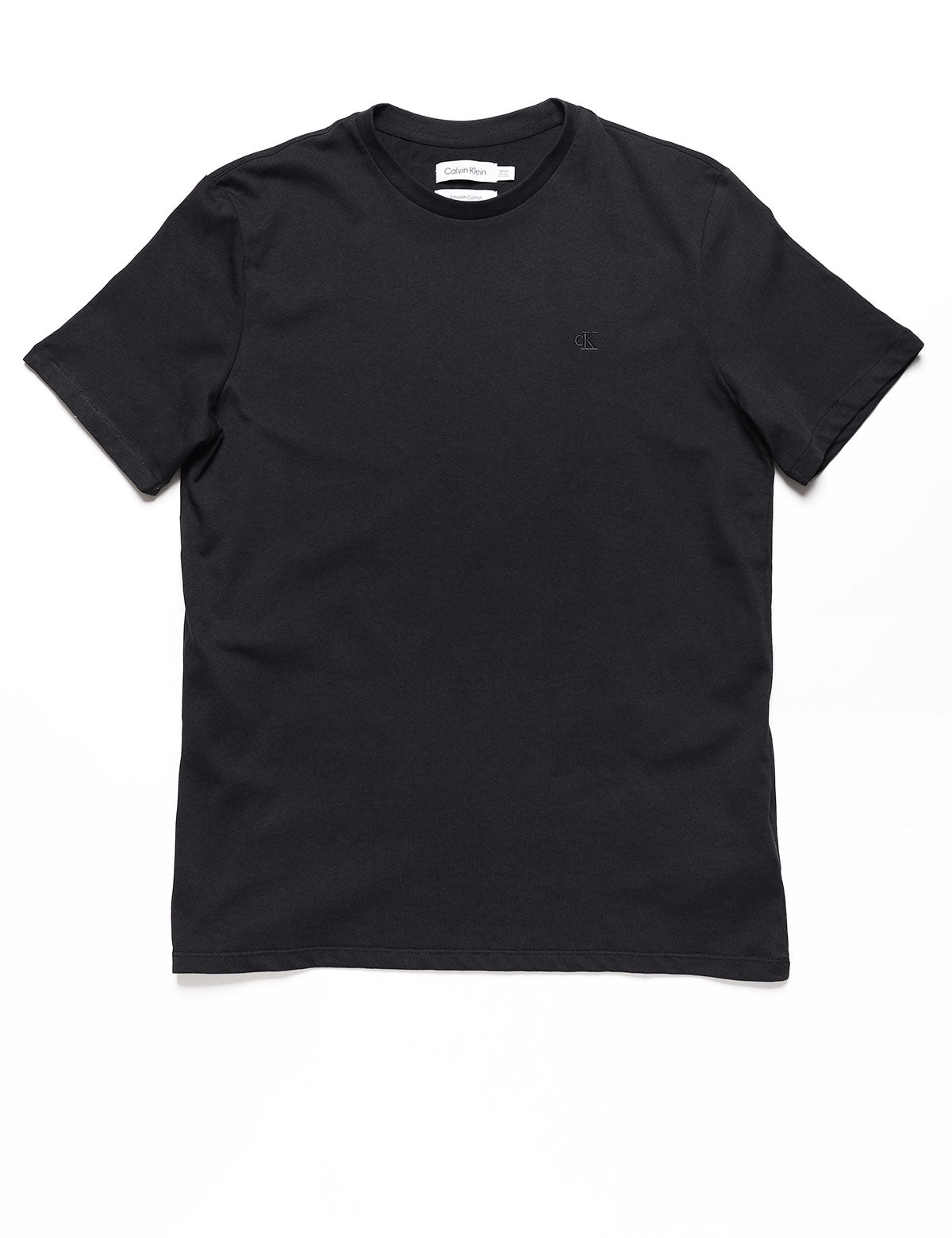 Full length flat shot of Calvin Klein Short Sleeve Smooth Cotton Solid Crewneck Tee - Black Beauty