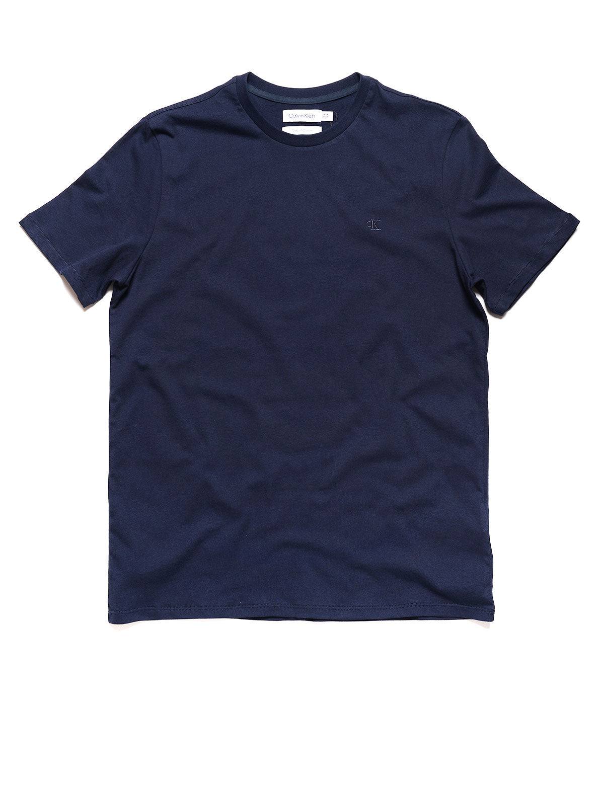 Full length flat shot of Calvin Klein Short Sleeve Smooth Cotton Solid Crewneck Tee - Dark Sapphire