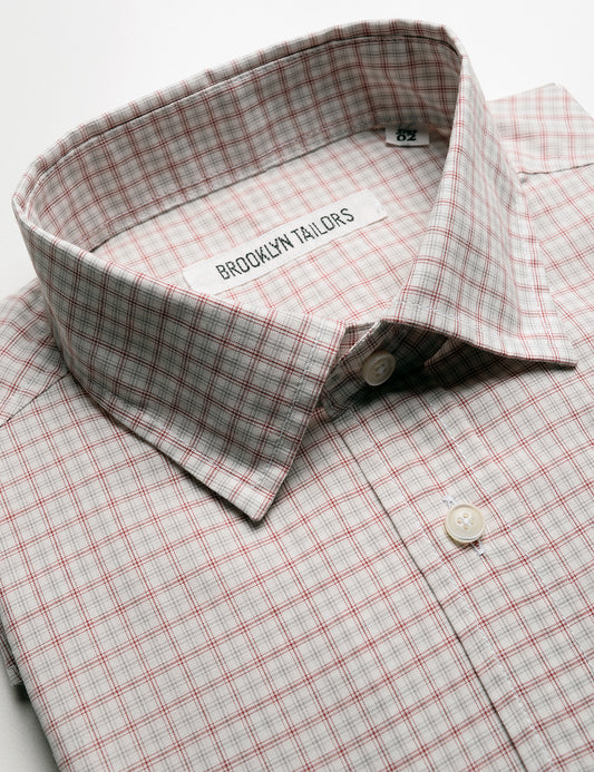 Detail of collar, labeling, buttons, and fabric pattern on Brooklyn Tailors BKT20 Slim Dress Shirt in Micro Grid - White / Red / Gray