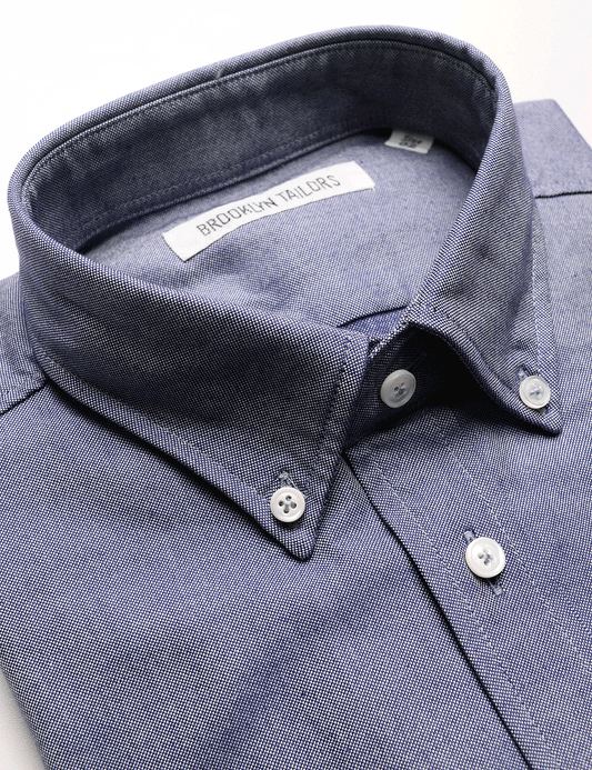 Detail of Brooklyn Tailors BKT10 Slim Casual Shirt in Fall Oxford - Deep Blue showing fabric texture, collar, and buttons