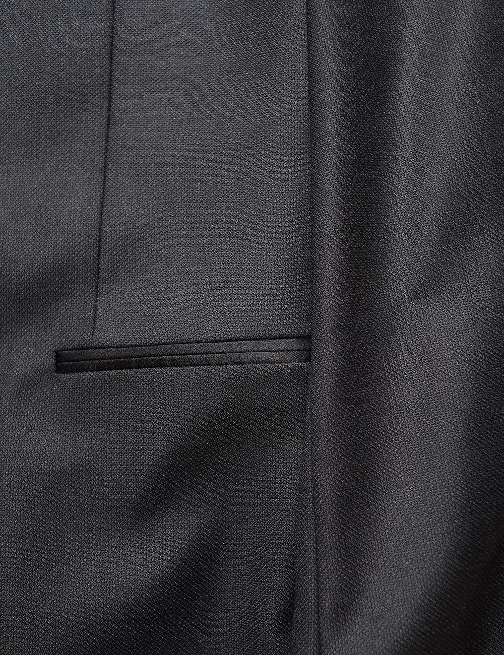 Detail of BKT50 Shawl Collar Tuxedo Jacket in Tonal Birdseye - Black with Satin Lapel showing fabric texture and pocket