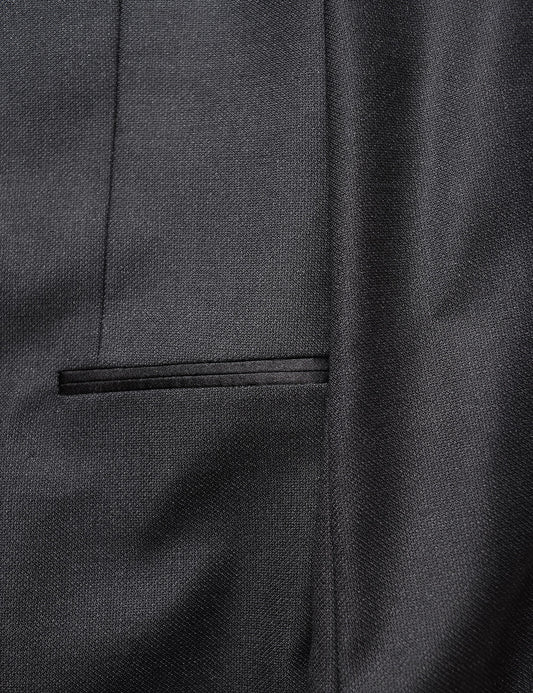 Detail of BKT50 Shawl Collar Tuxedo Jacket in Tonal Birdseye - Black with Satin Lapel showing fabric texture and pocket