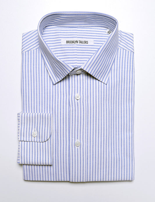 Brooklyn Tailors BKT20 Slim Dress Shirt in Striped Oxford - White / Sky Blue folded flat shot
