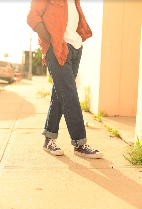 On-body shot of GD112 SLOUCHY TAPERED | Raw 13 Oz Selvedge Denim - Original Indigo