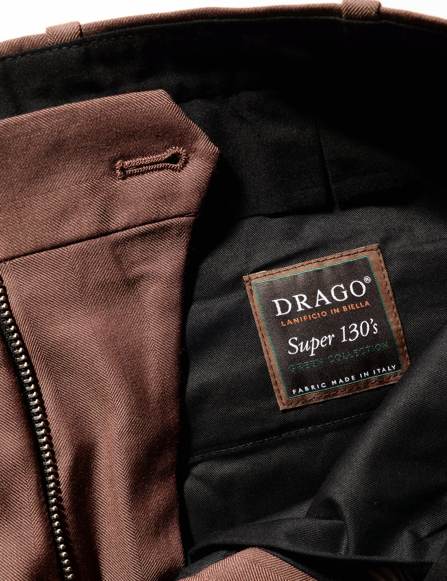Detail of BKT50 Tailored Trousers in Wool Herringbone - Sepia showing interior Drago label 