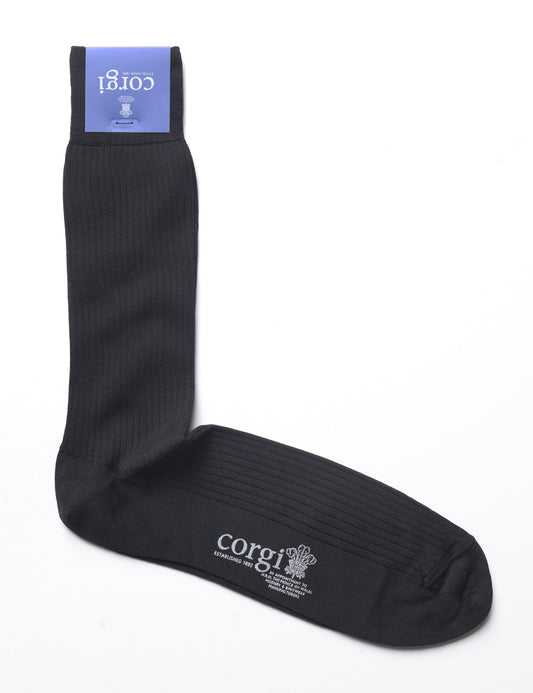 Flat shot of Corgi Ribbed Dress Socks in Mercerized Cotton - Black