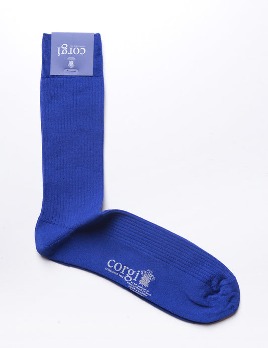 Flat shot of Corgi Ribbed Dress Socks in Mercerized Cotton - Bright Blue
