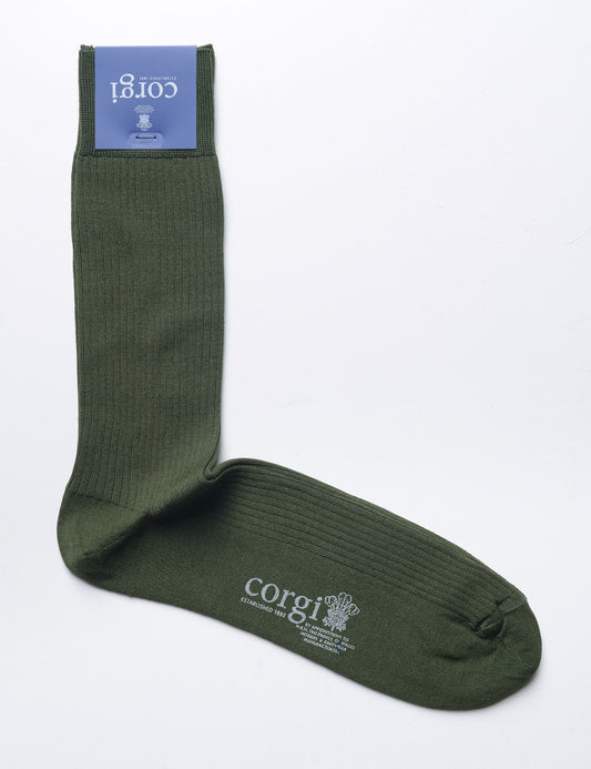 Flat shot of Corgi Ribbed Dress Socks in Mercerized Cotton - Hunter