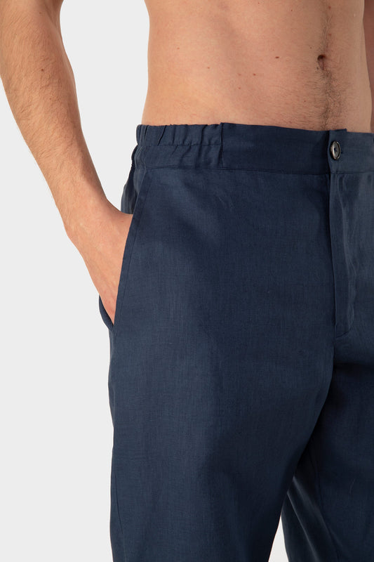 Detail of waist to thigh of Ripa Ripa Anacapri Linen Trousers - Navy on body. 
