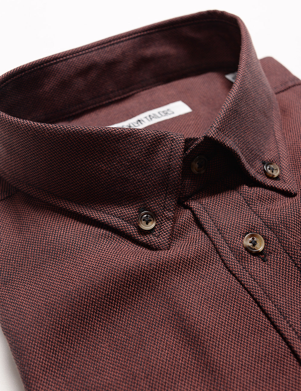 Detail shot of button down collar on Brooklyn Tailors BKT10 Slim Casual Shirt in Soft Basketweave - Aged Brick