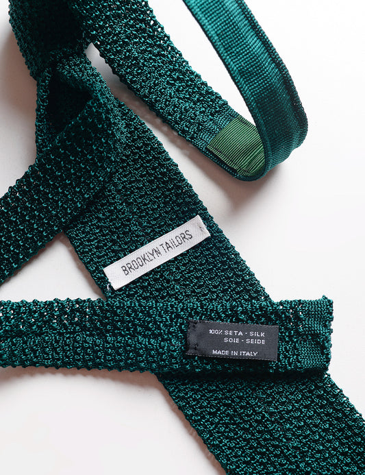 Detail of labels and knit of Italian Silk Knit Tie  - Emerald