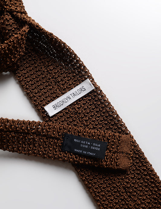 Detail of labels and knit of Italian Silk Knit Tie  - Sepia