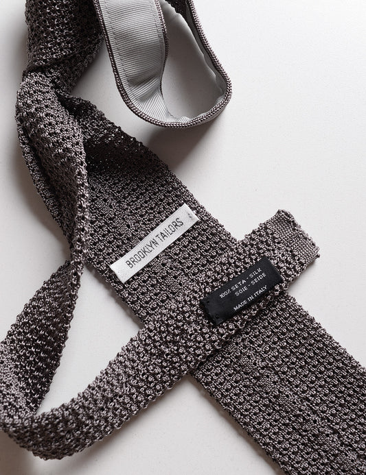 Detail of labels and knit of Italian Silk Knit Tie  - Steel