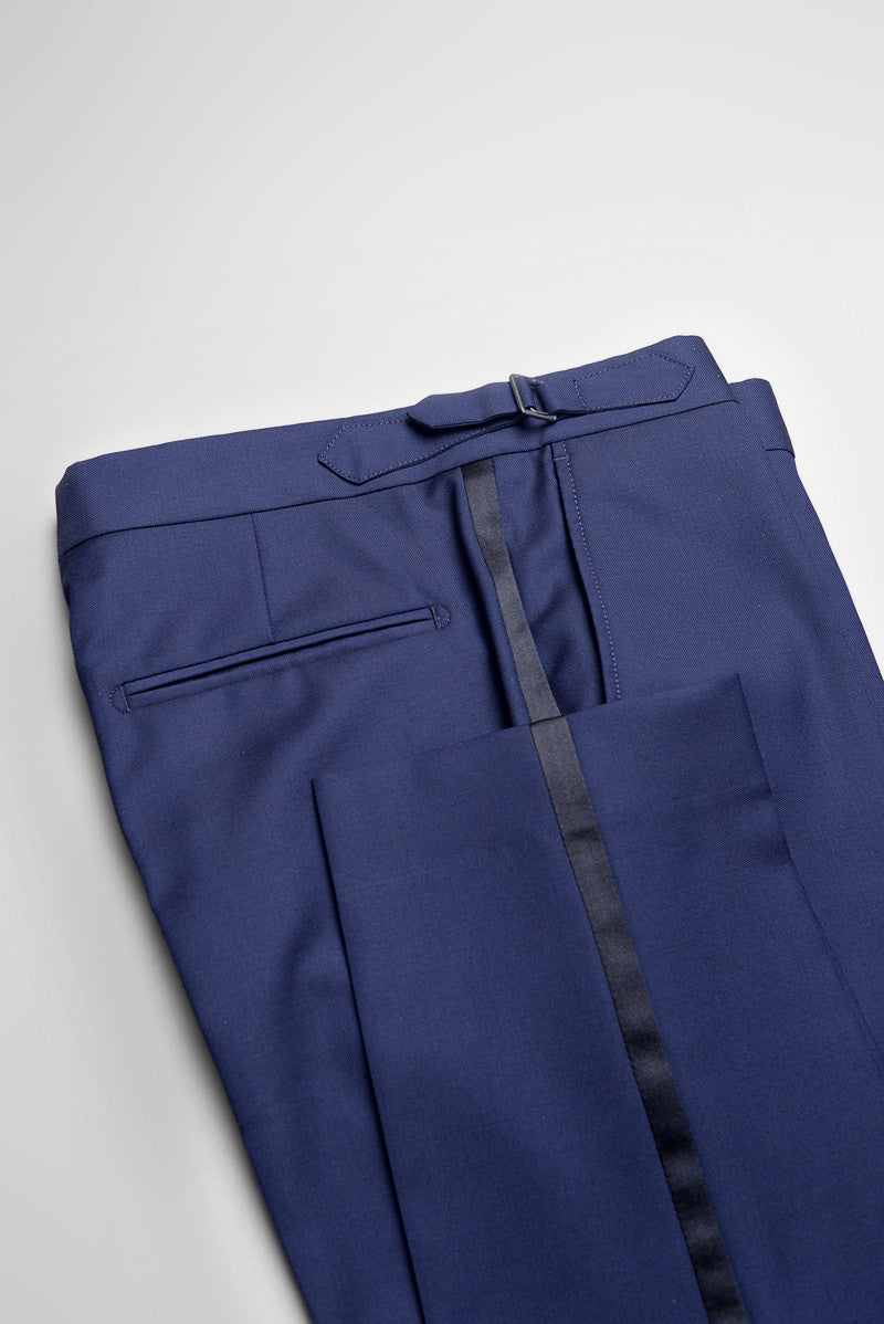 Detail of Brooklyn Tailors BKT50 Tuxedo Trouser in Super 110s - Navy with Satin Stripe showing back pocket, side pocket, satin stripe, and hem