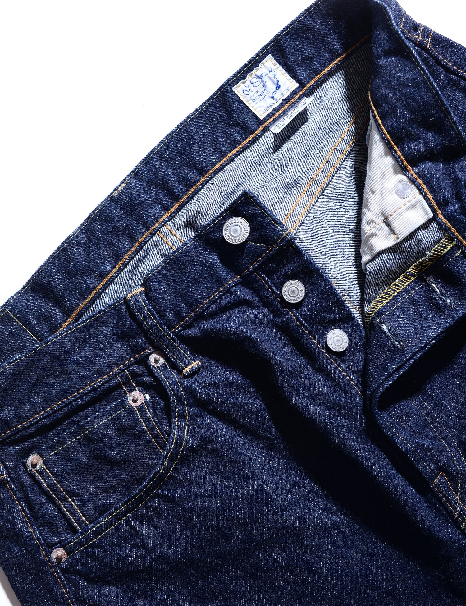 Open button fly detail of 105 Standard Fit Selvedge Denim Jeans