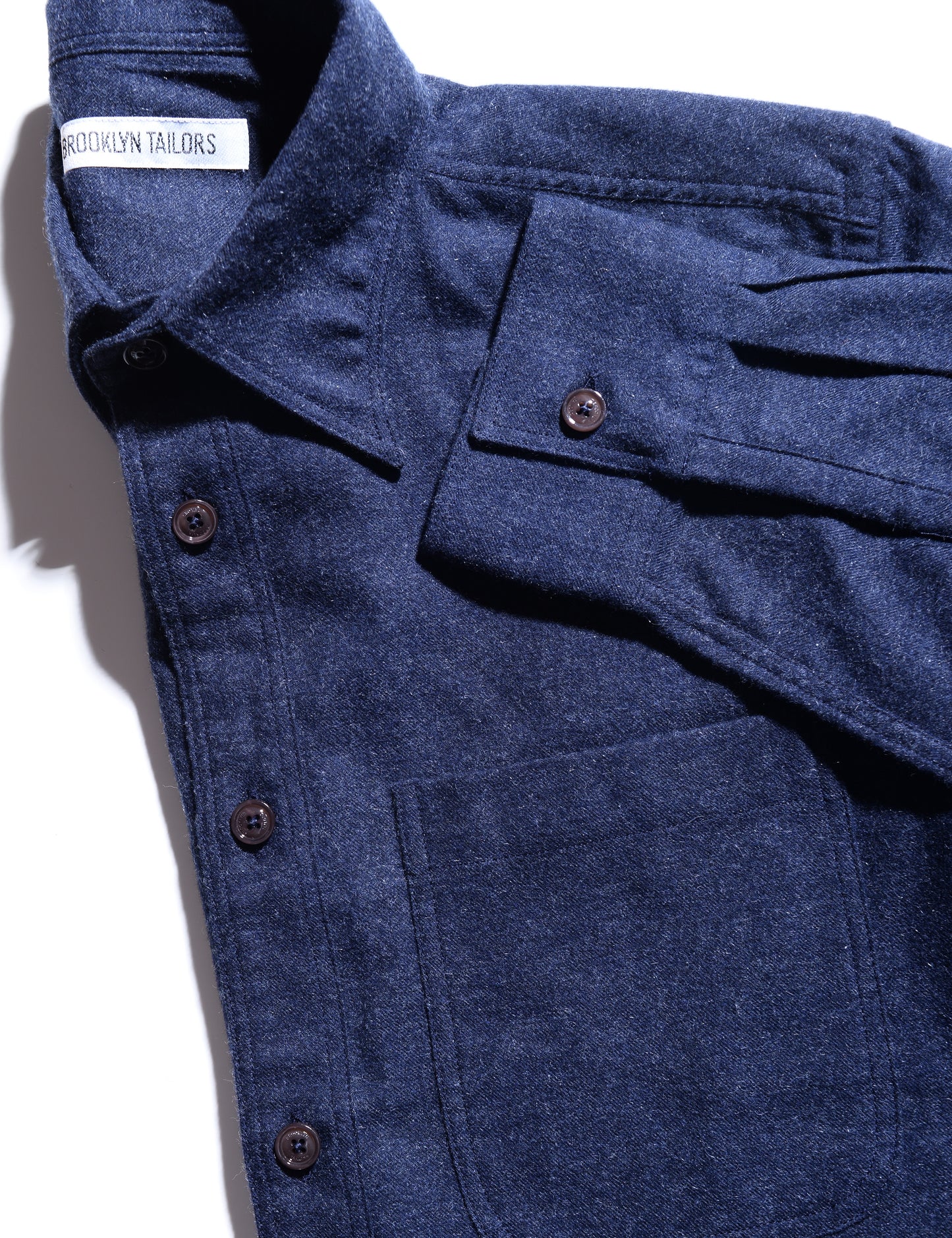 Detail of collar, cuff, and placket of Brooklyn Tailors BKT16 Overshirt in Cotton Cashmere Flannel - Midnight Blue