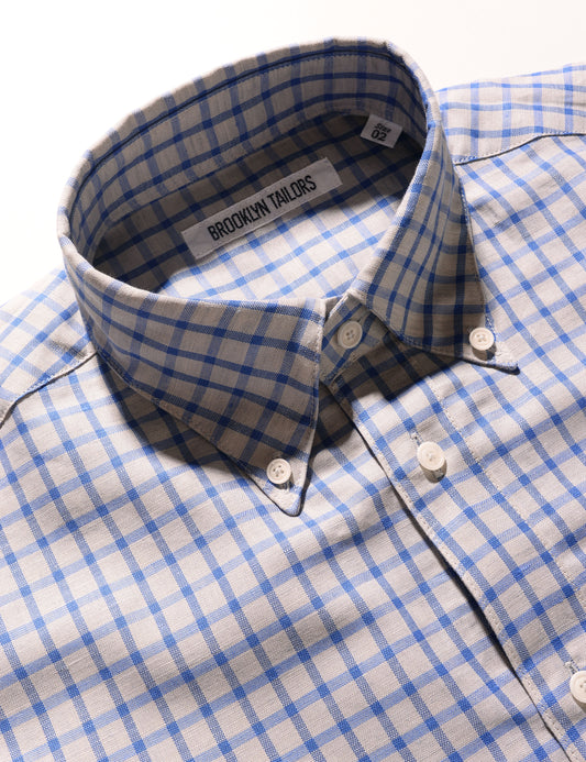 Detail of BKT14 Relaxed Casual Shirt in Linen Cotton Blend - Cobalt Check showing collar, buttons, and labeling