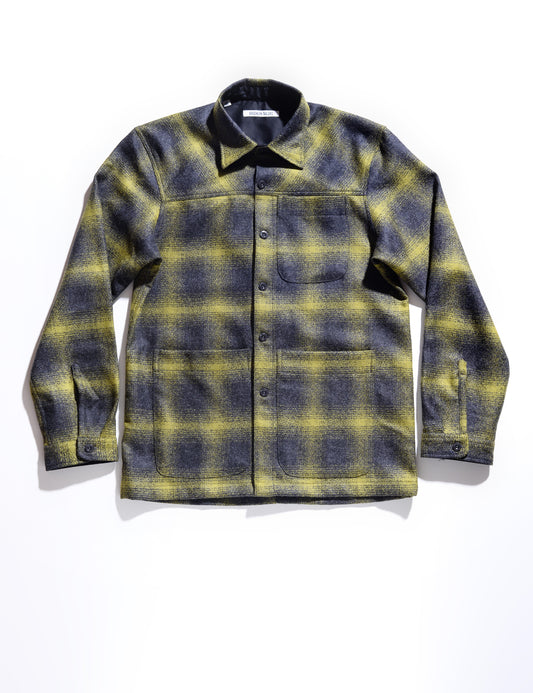 BKT15 Shirt Jacket in Boiled Wool Plaid - Gray & Acid Green