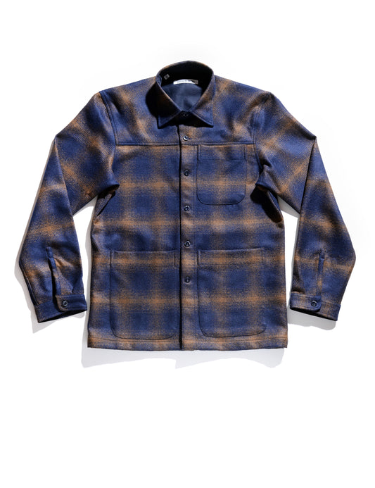 BKT15 Shirt Jacket in Boiled Wool Plaid - Blue and Brown