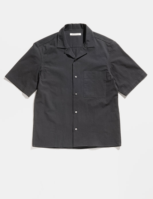 Full length flat shot of Brooklyn Tailors BKT18 Camp Shirt in Crinkled Cotton - Black
