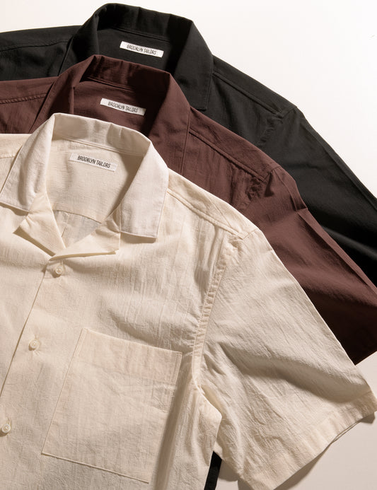 Detail shot of three colors of Brooklyn Tailors BKT18 Camp Shirts in Crinkled Cotton