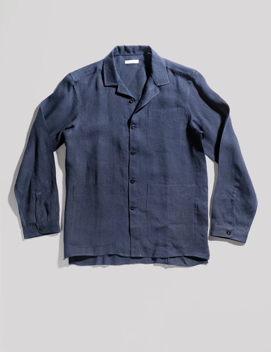 BKT19 Camp Collar Overshirt in Italian Linen - Navy