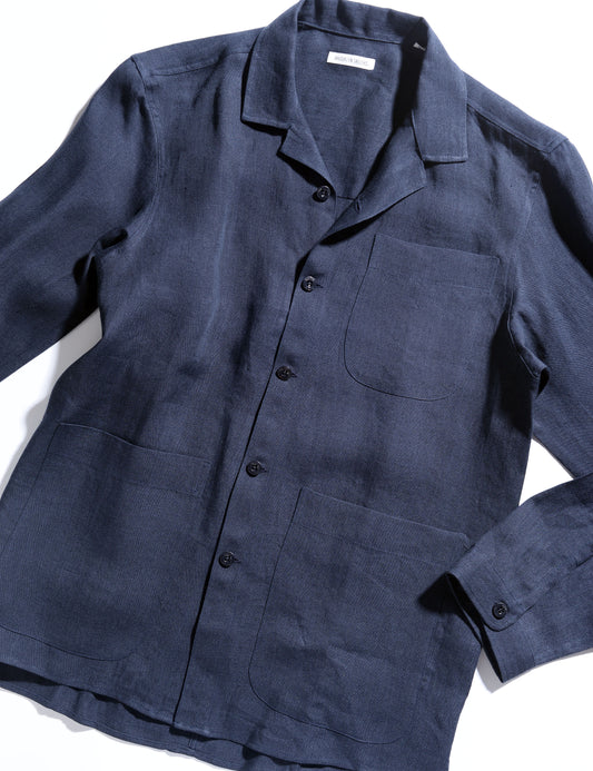 BKT19 Camp Collar Overshirt in Italian Linen - Navy