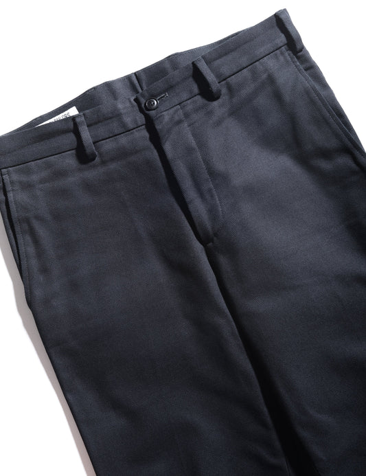 Detail shot showing waistband and button on Brooklyn Tailors BKT36 Straight Leg Pant in Cotton Cavalry Twill - Black