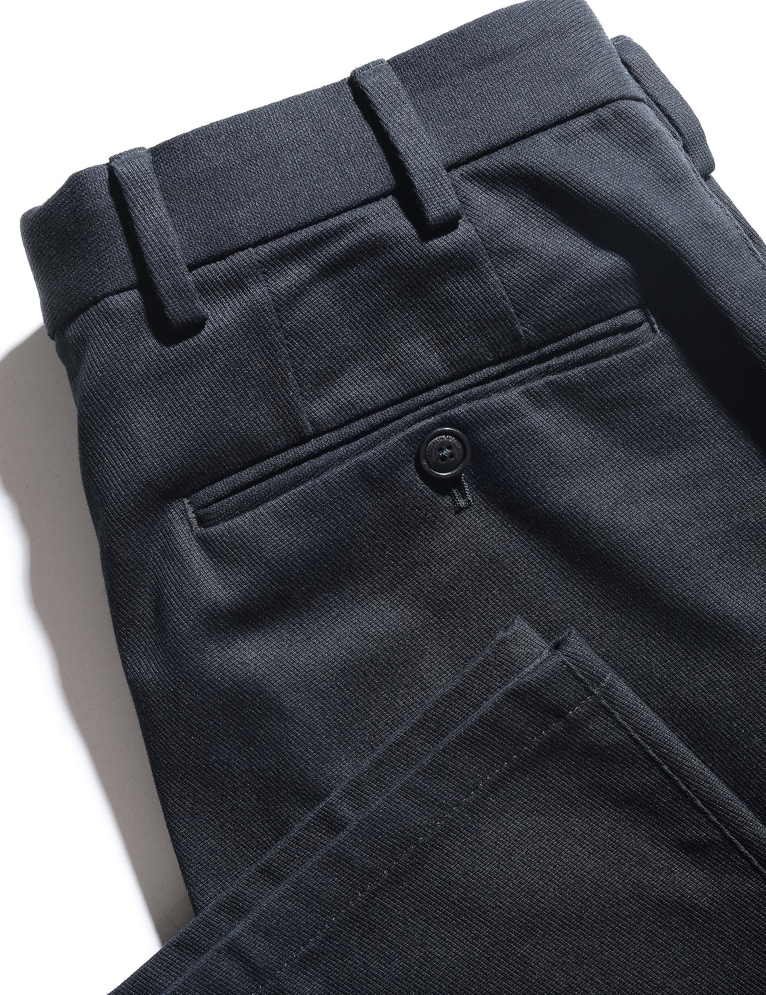 Detail shot of back waistband and pocket, and fabric texture of Brooklyn Tailors BKT36 Straight Leg Pant in Cotton Cavalry Twill - Black