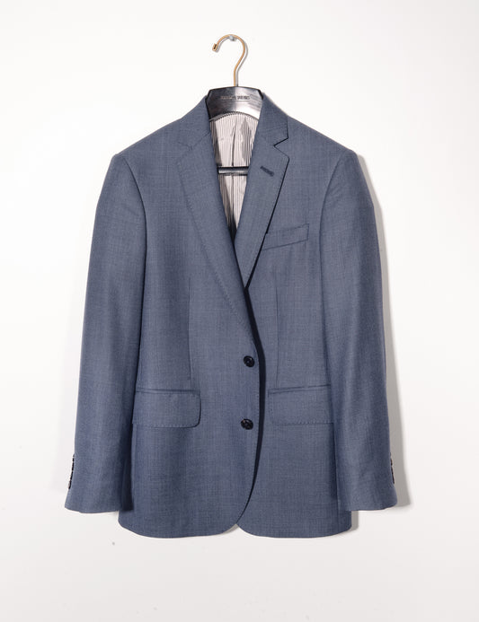 Brooklyn Tailors BKT50 Tailored Jacket in Birdseye Weave - Steel Blue full length shot on hanger