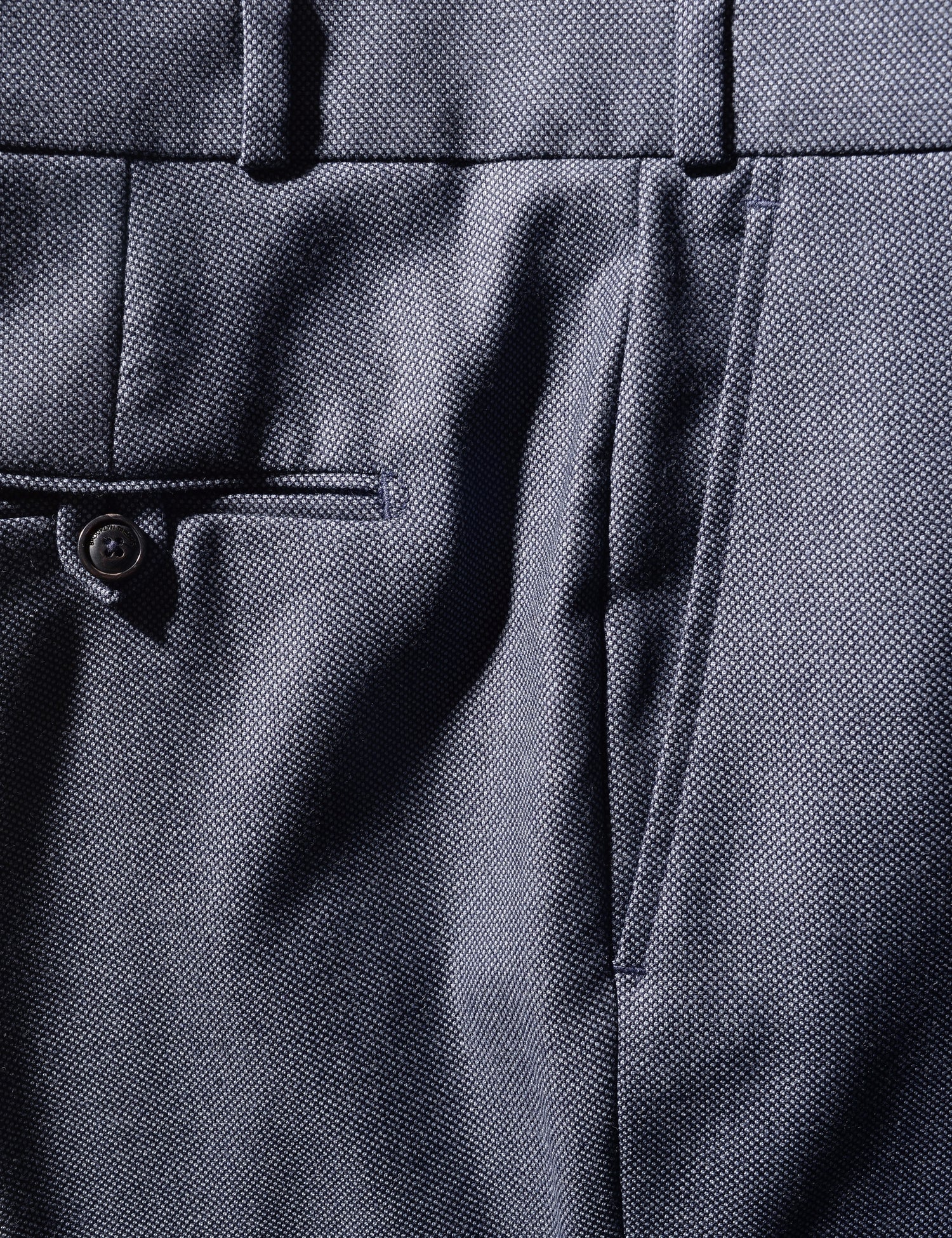 Detail shot of Brooklyn Tailors BKT50 Tailored Trousers in Birdseye Weave - Steel Blue showing back and side pockets