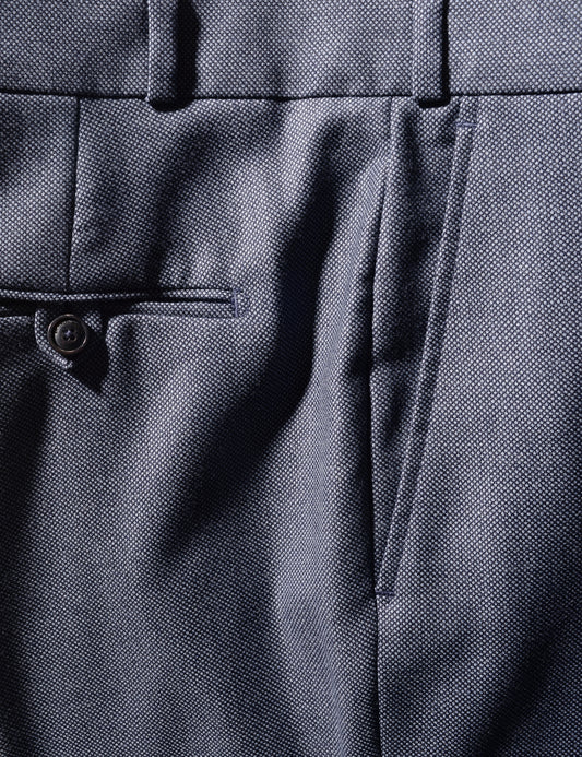 Detail shot of Brooklyn Tailors BKT50 Tailored Trousers in Birdseye Weave - Steel Blue showing back and side pockets