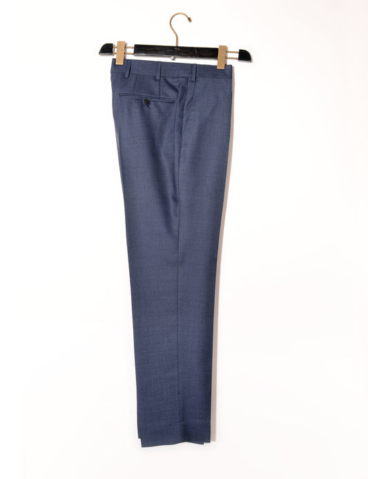 Brooklyn Tailors BKT50 Tailored Trousers in Birdseye Weave - Heather Blue full length shot on hanger