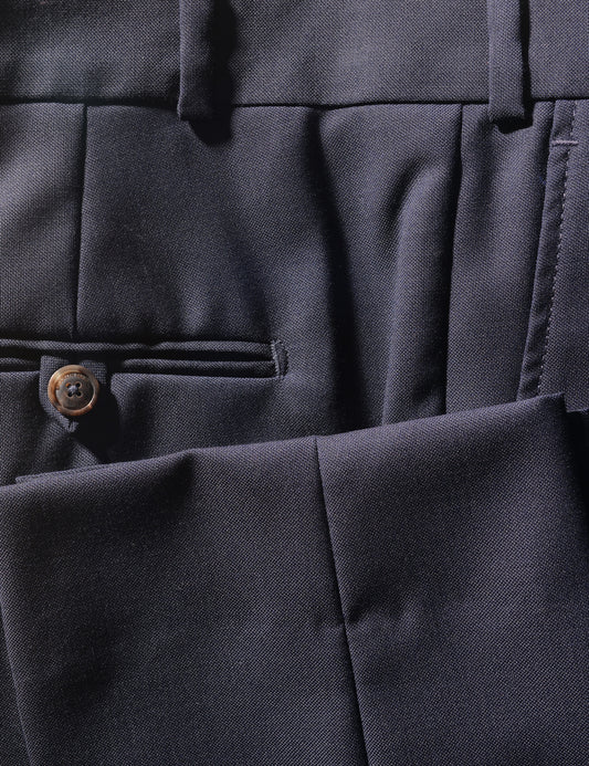 Detail shot of Brooklyn Tailors BKT50 Tailored Trouser in Super 110s Plainweave - Classic Navy showing back pocket and cuff